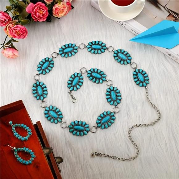 Turquoise Concho Chain Belt Metal Western Waist 1.2 x 2 Inch Drop Post Earrings main image 7